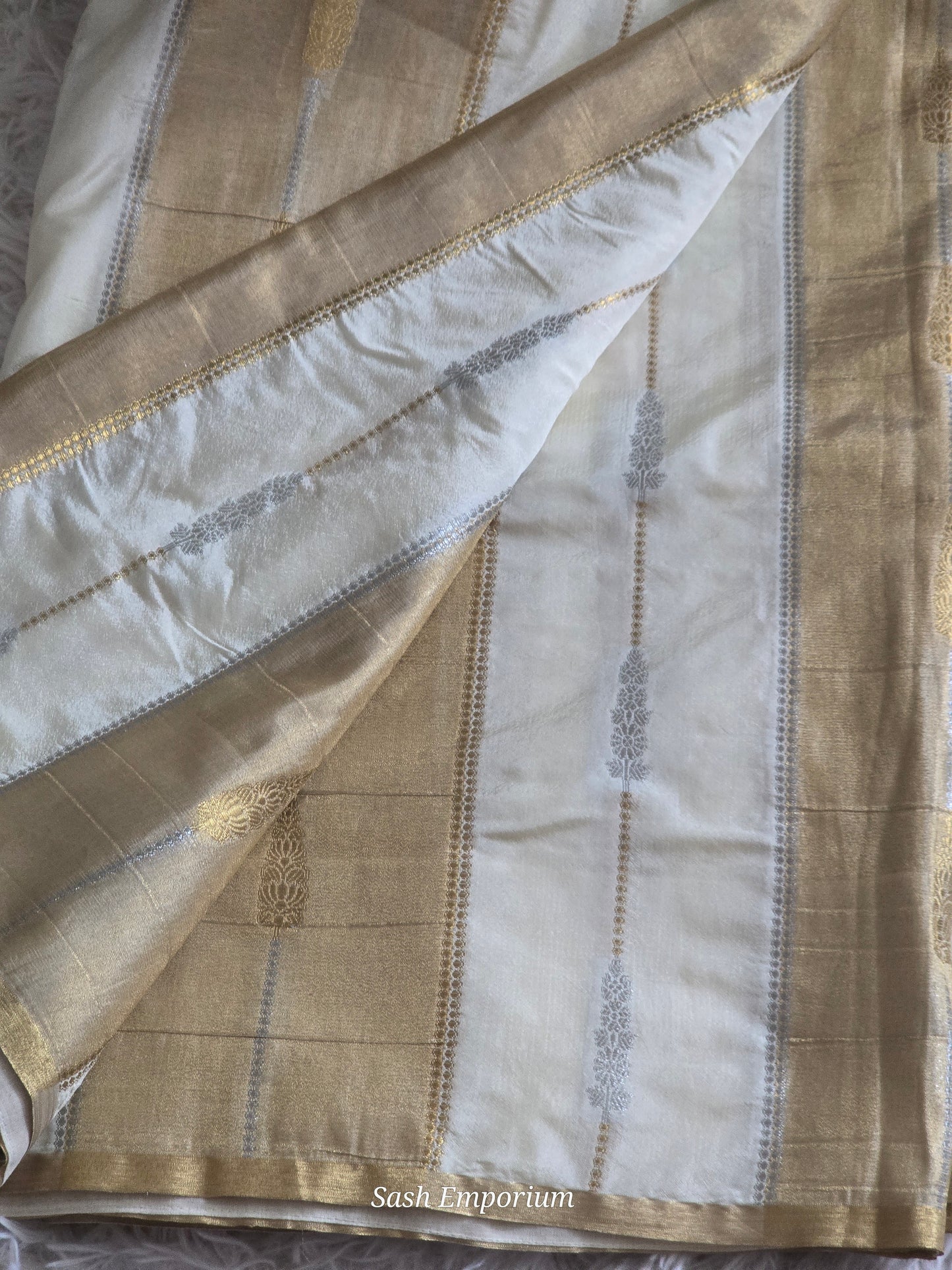 Semi silk gold creme saree with stitched blouse