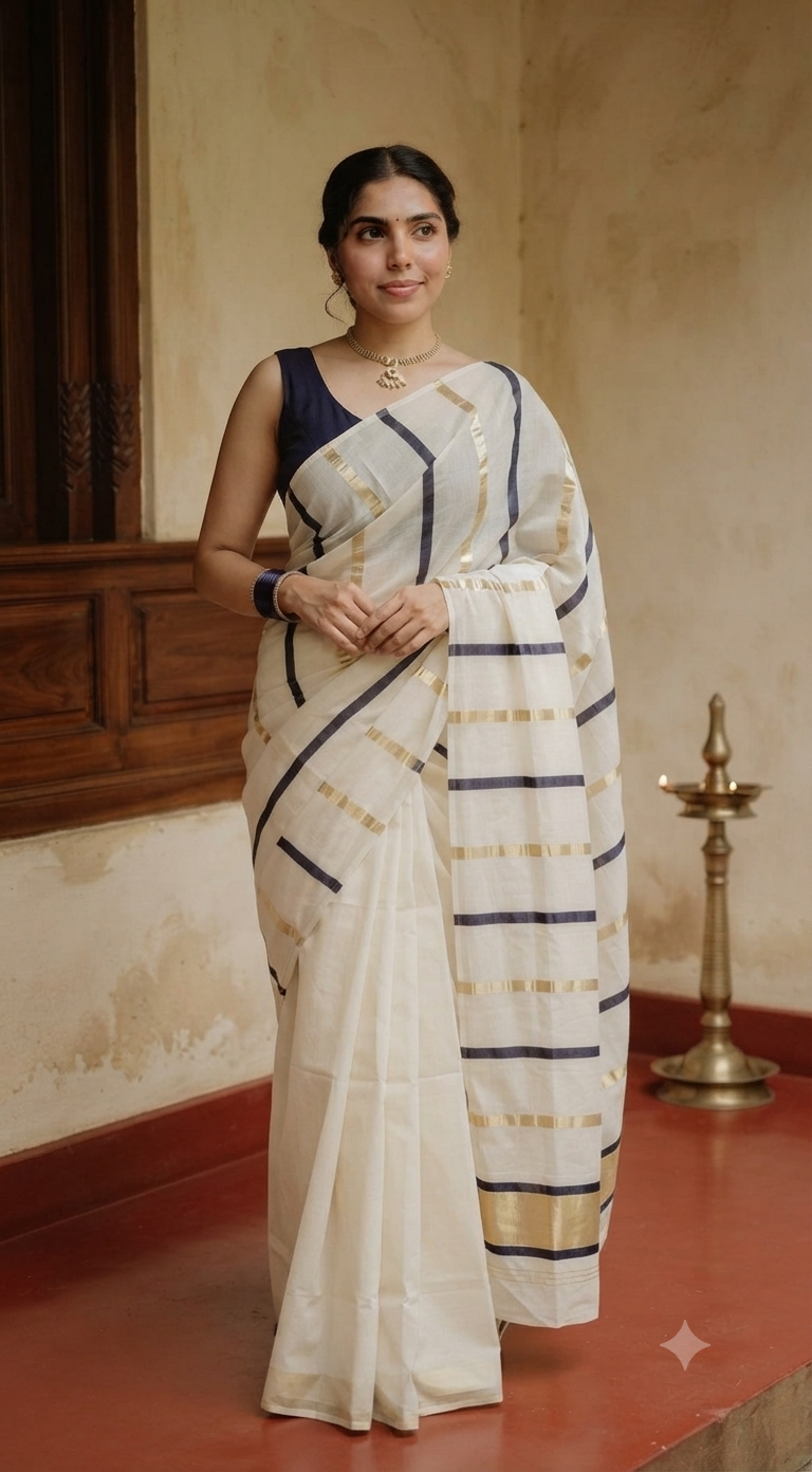 Soft cotton onam saree with black/ gold stripes