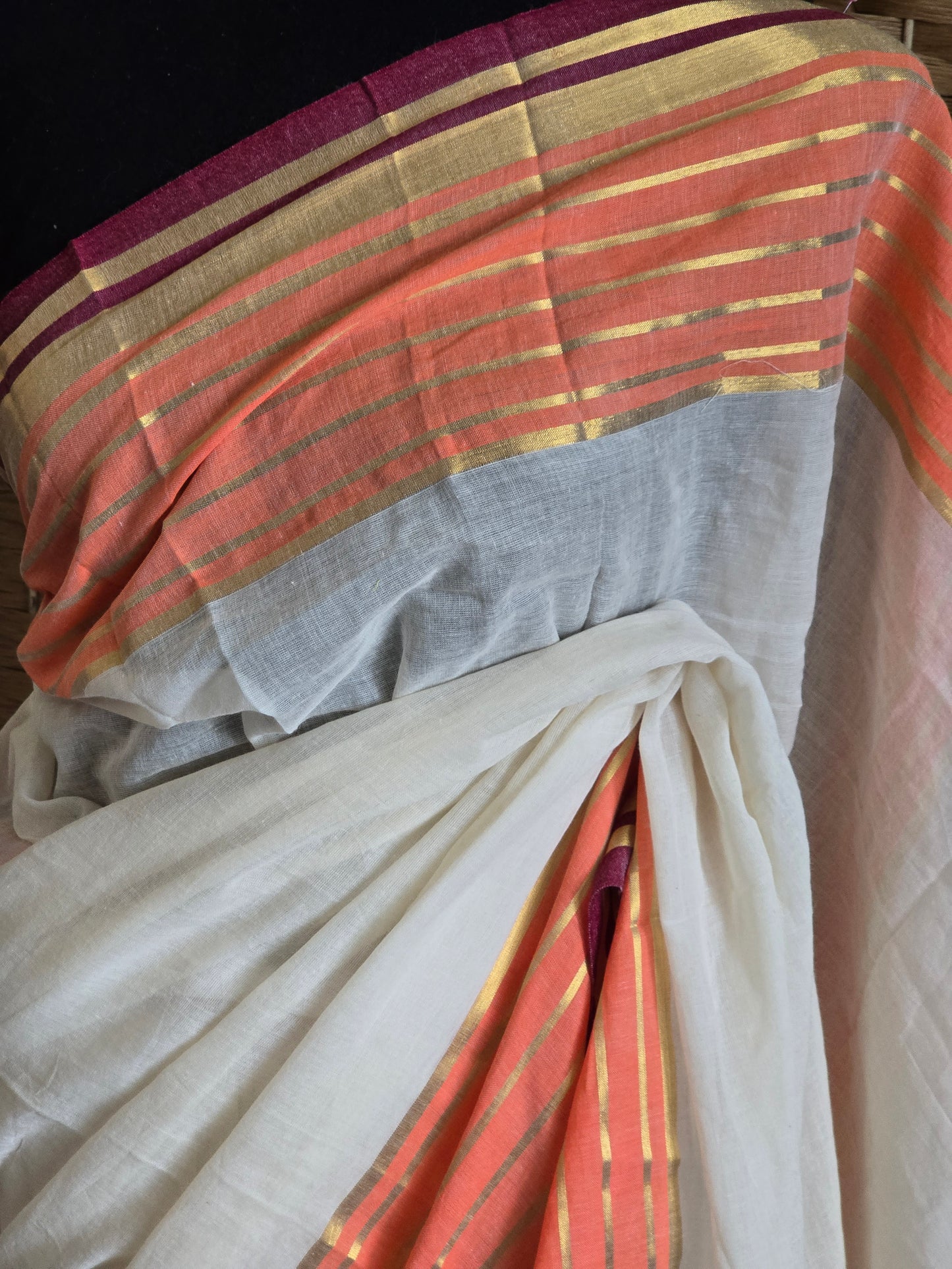 Mul cotton saree with orange and maroon border (fall and pico done)NO Blouse piece