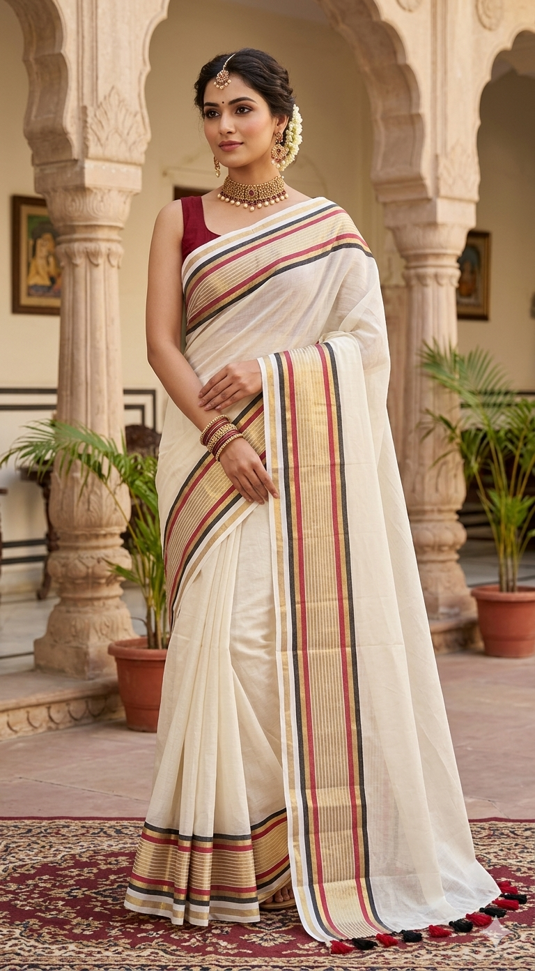 Mul cotton saree with black/gold/red border (fall and pico done)NO Blouse piece