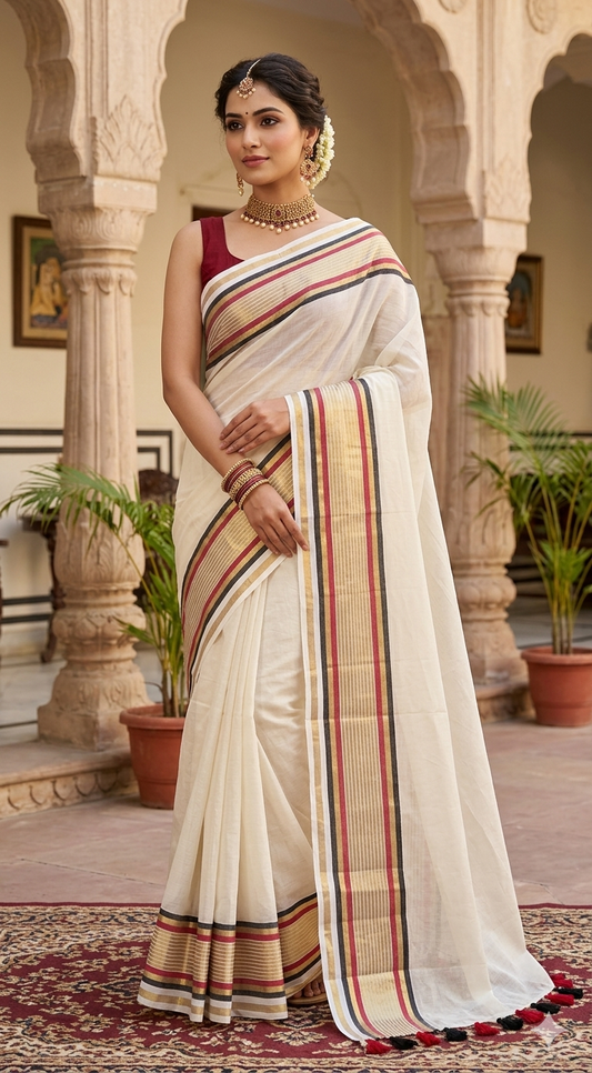 Mul cotton saree with black/gold/red border (fall and pico done)NO Blouse piece