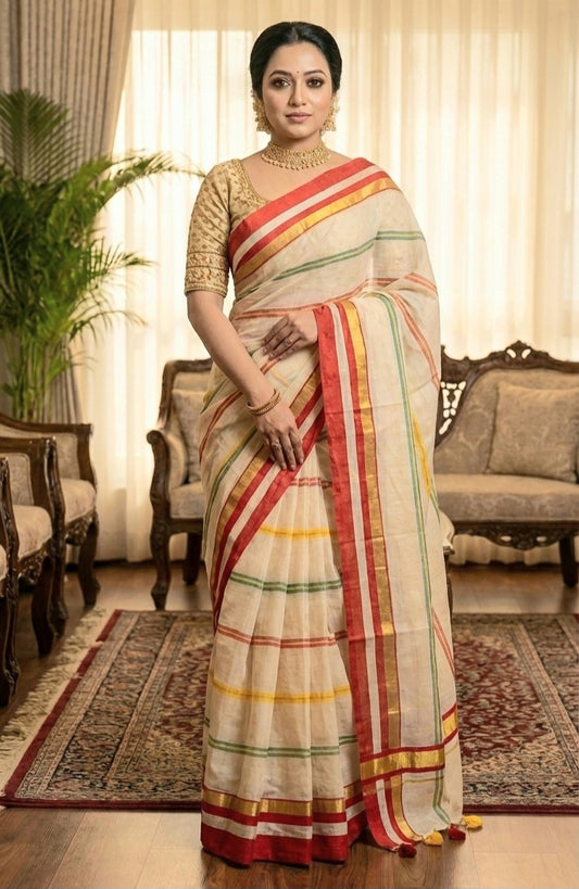Mul cotton saree(creme)with fall and pico- No BP