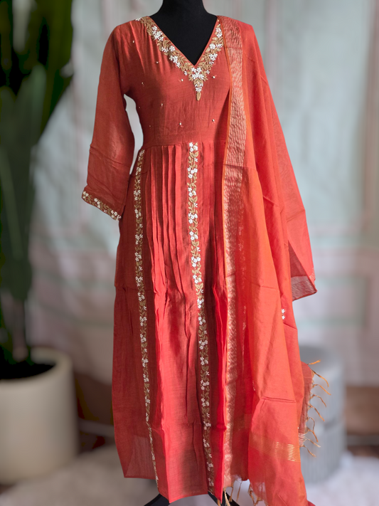 Malai chanderi 3 pc salwar suit set-Rusty orange shade