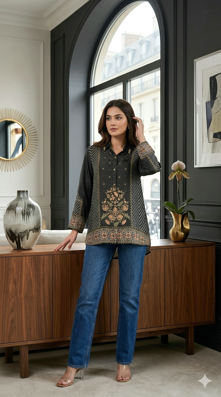 Pure crepe silk shirt with ajrakh print
