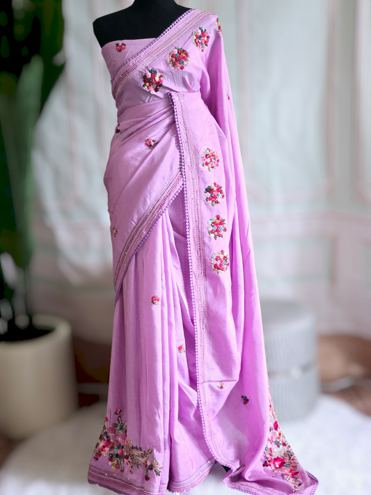 Russian silk (lavender)saree with french knot heavy work-stitched blouse