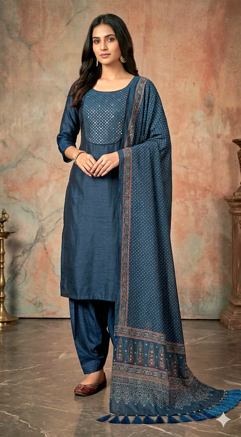 Semi raw silk3 pc salwar suit set(blue)