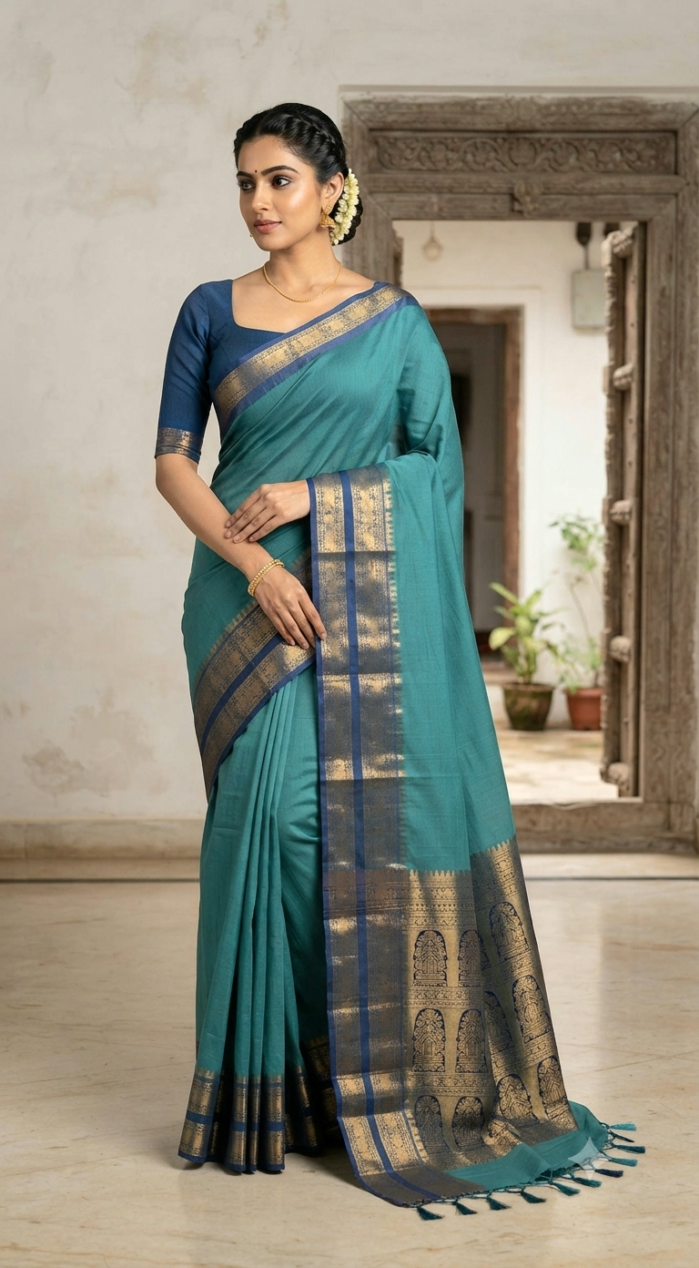 Chettinad cotton saree with stitched blouse( same color)