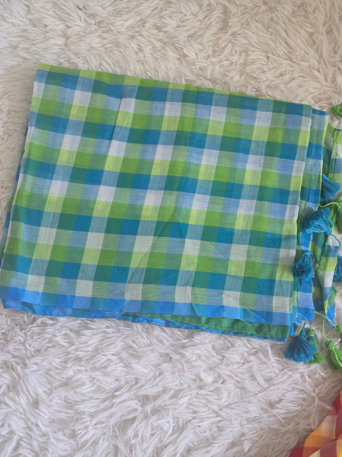 Mul cotton saree with check design- fall and pico ready- No BP