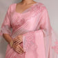 Velvet organza saree with applique work borders- stitched blouse