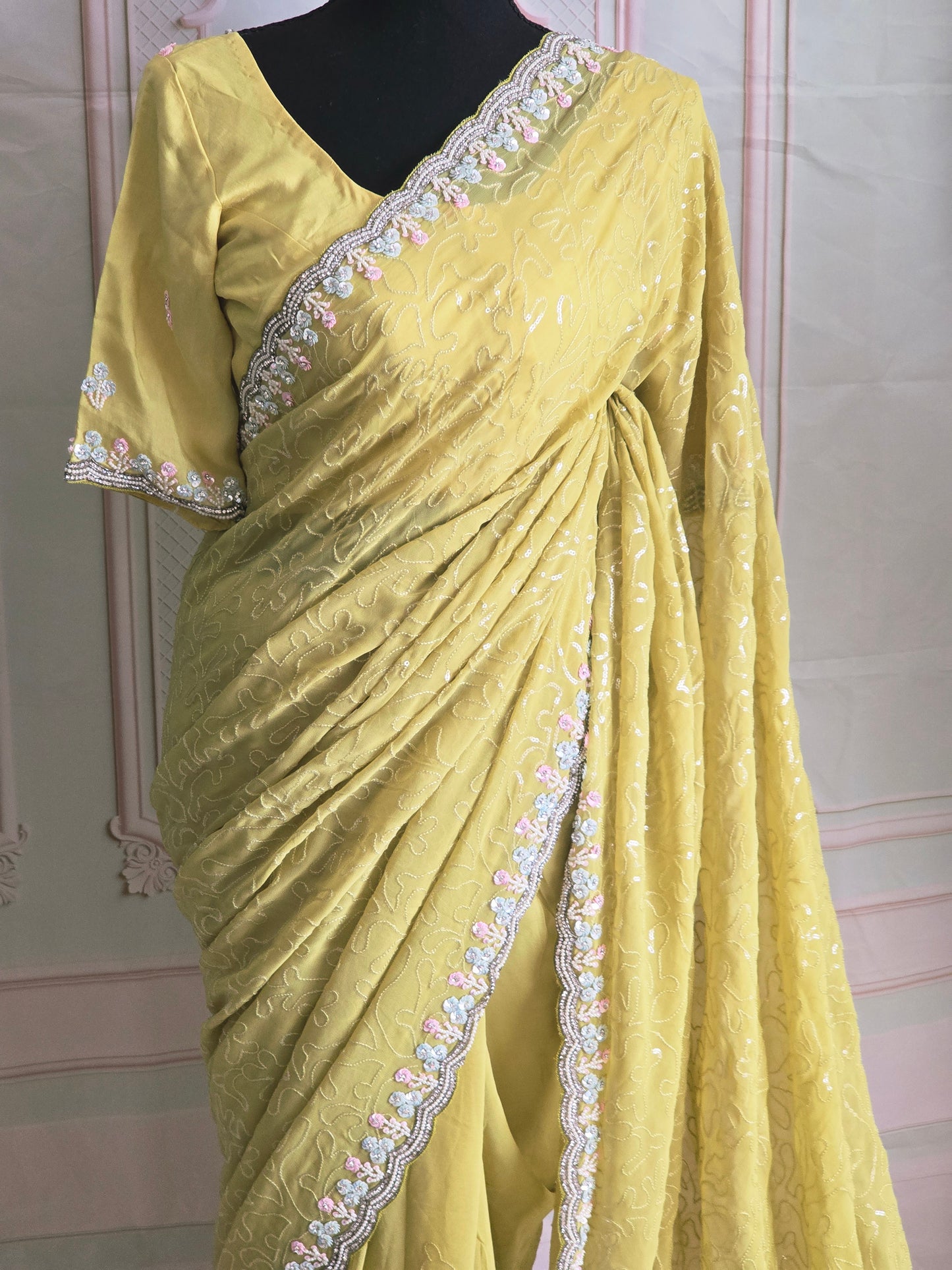 Georgette crape-designer saree( Lemon yellow) with handwork-stitched blouse