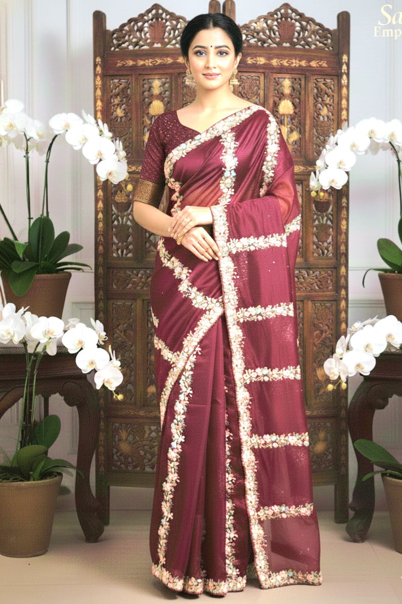 Organza party wear saree with heavy work all over body- stitched blouse