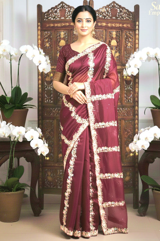Organza party wear saree with heavy work all over body- stitched blouse