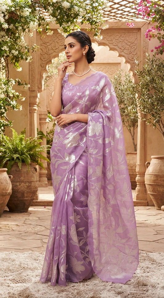 Turquish organza saree (lavender) with applique work- stitched blouse