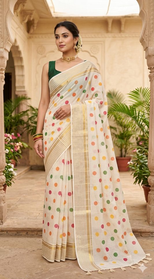 Mul cotton saree with multi color polka dots and border (fall and pico done)NO Blouse piece