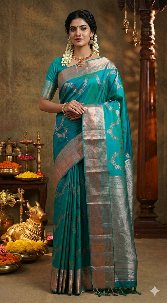 Peacock blue vasundhara silk saree with floral jaal jacquard design- stitched blouse