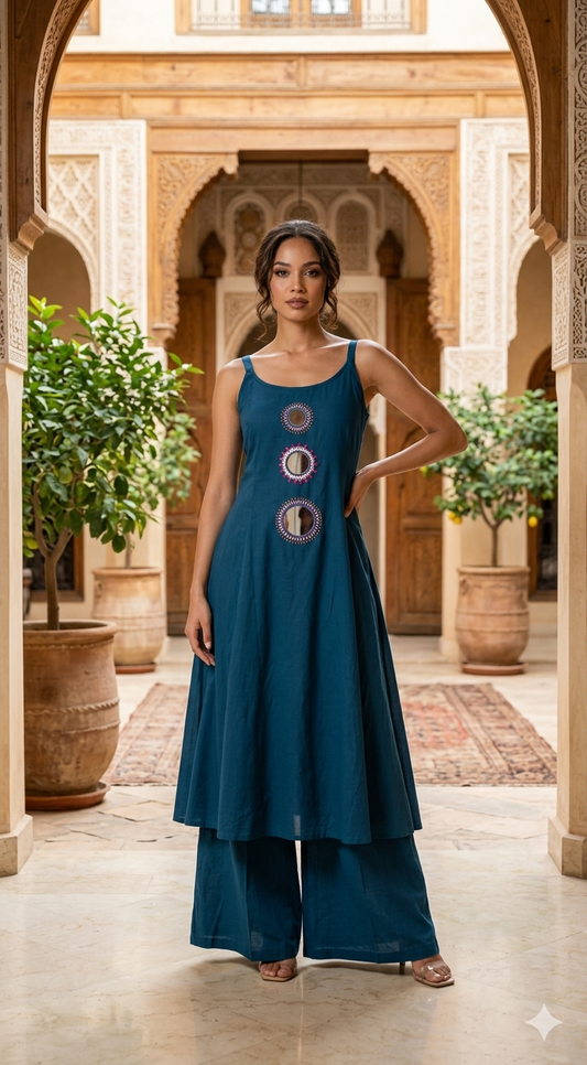 Cotton kurti (sleevless) set with mirror work