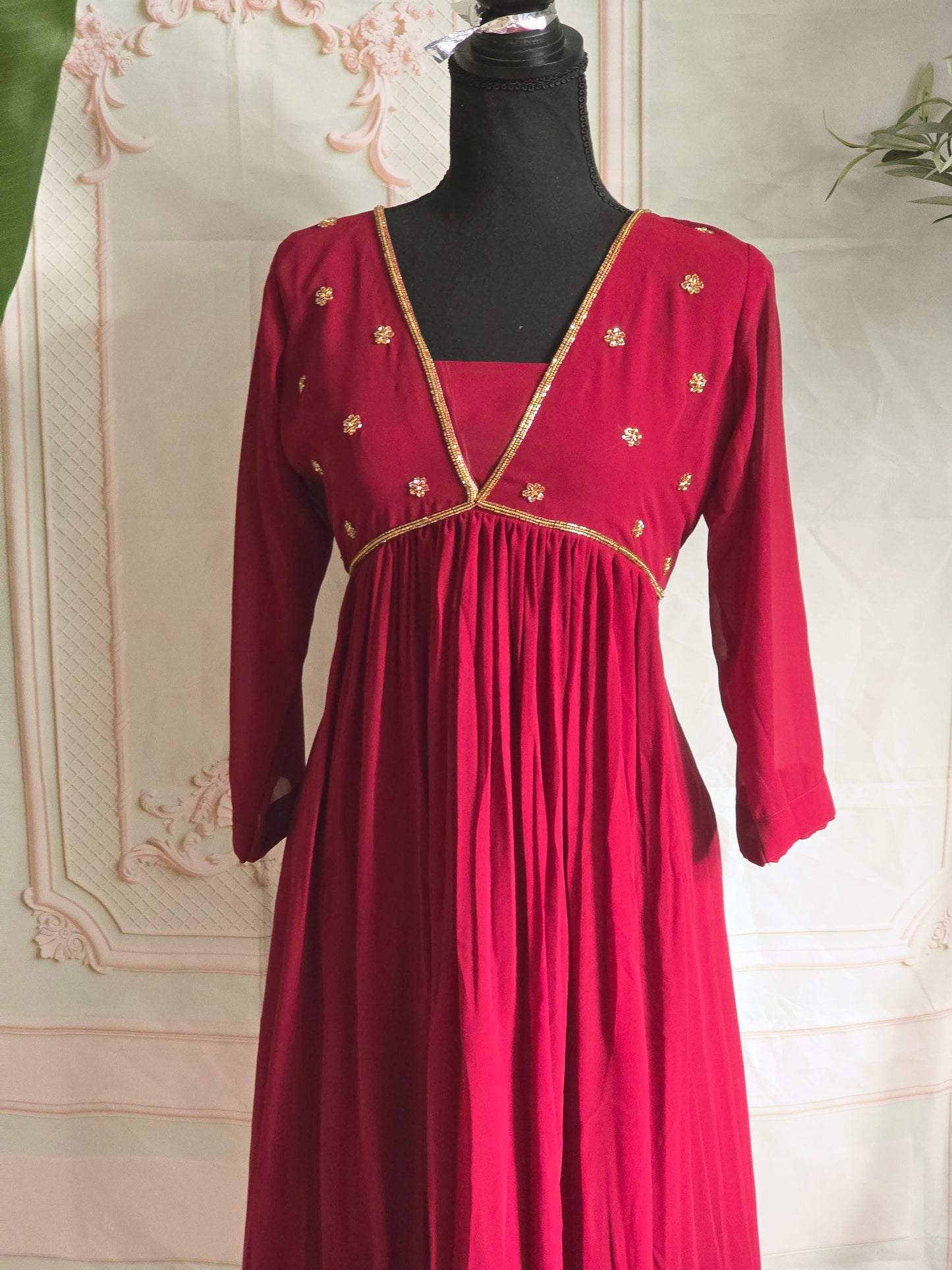 A line kurti with hand work (Christmas special)- Dark maroon