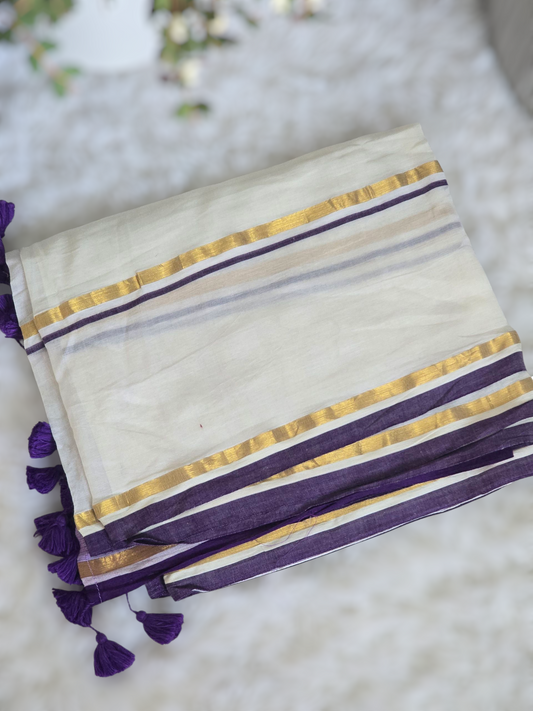 Mul cotton (120 count) onam saree with lavender shade- No BP with Saree fall and pico