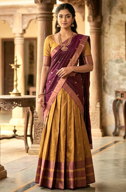 Stitched dhavani set mustard yellow and purple  combo