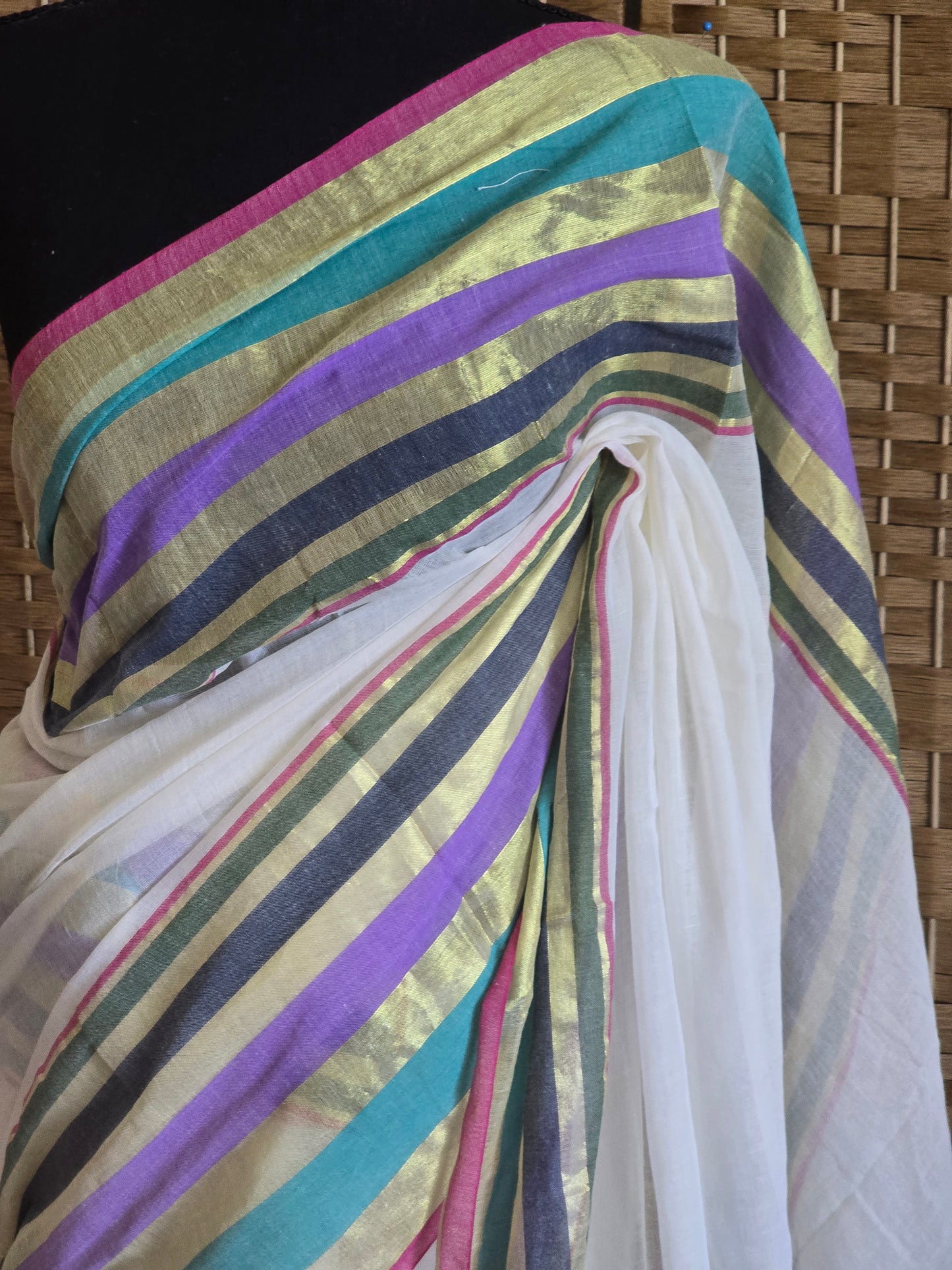 Mul cotton saree with multicolor border (fall and pico done)NO Blouse piece