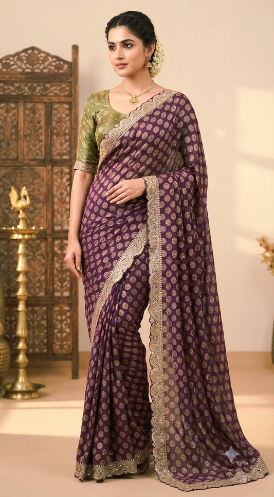 Designer georgette saree with green  stitched blouse