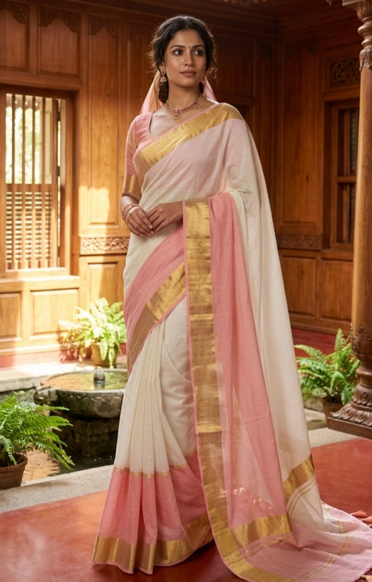 Mul cotton kerala saree with duel shade ( tassles)- NO BP