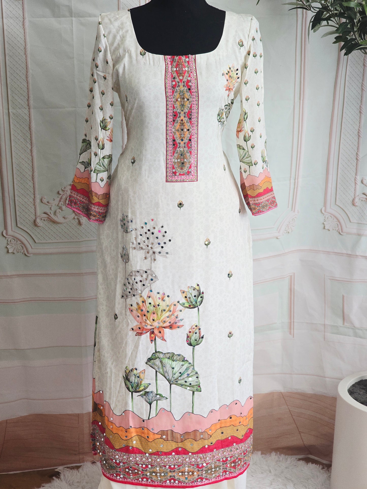 Crape 3 pc salwar suit set embellished with lotus print and mirror work