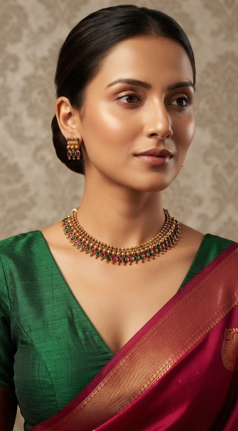 Green/red short necklace with earrings(s)
