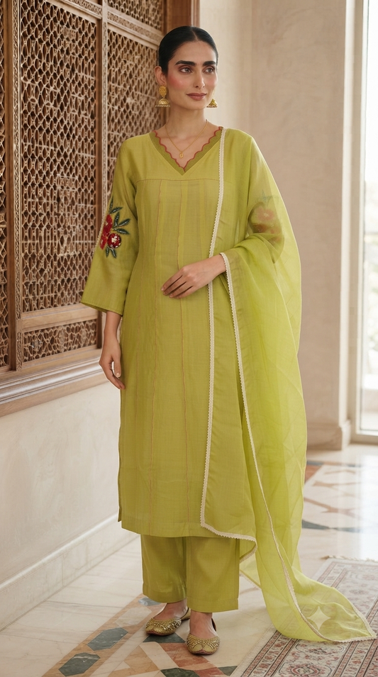 Malai chanderi  A line 3 pc salwar suit set with beautiful work