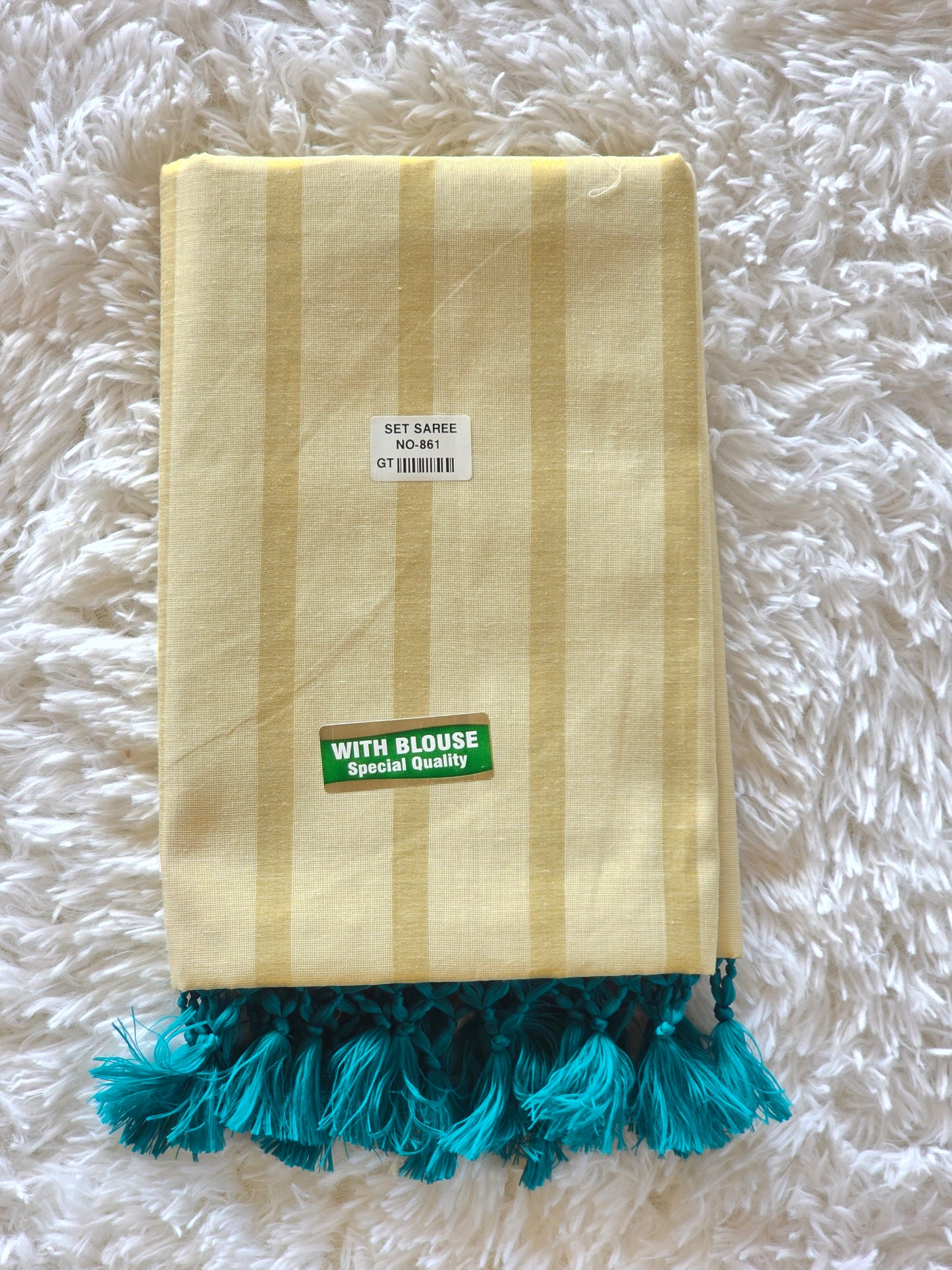 Tissue set saree with gold stripes- blue tassles