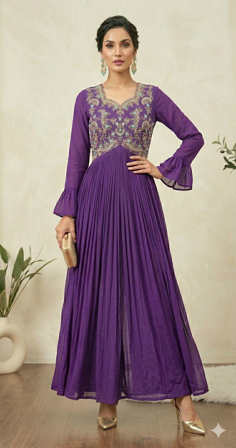Party wear 2 pc kurti style set with full hand work (kurti and pant)