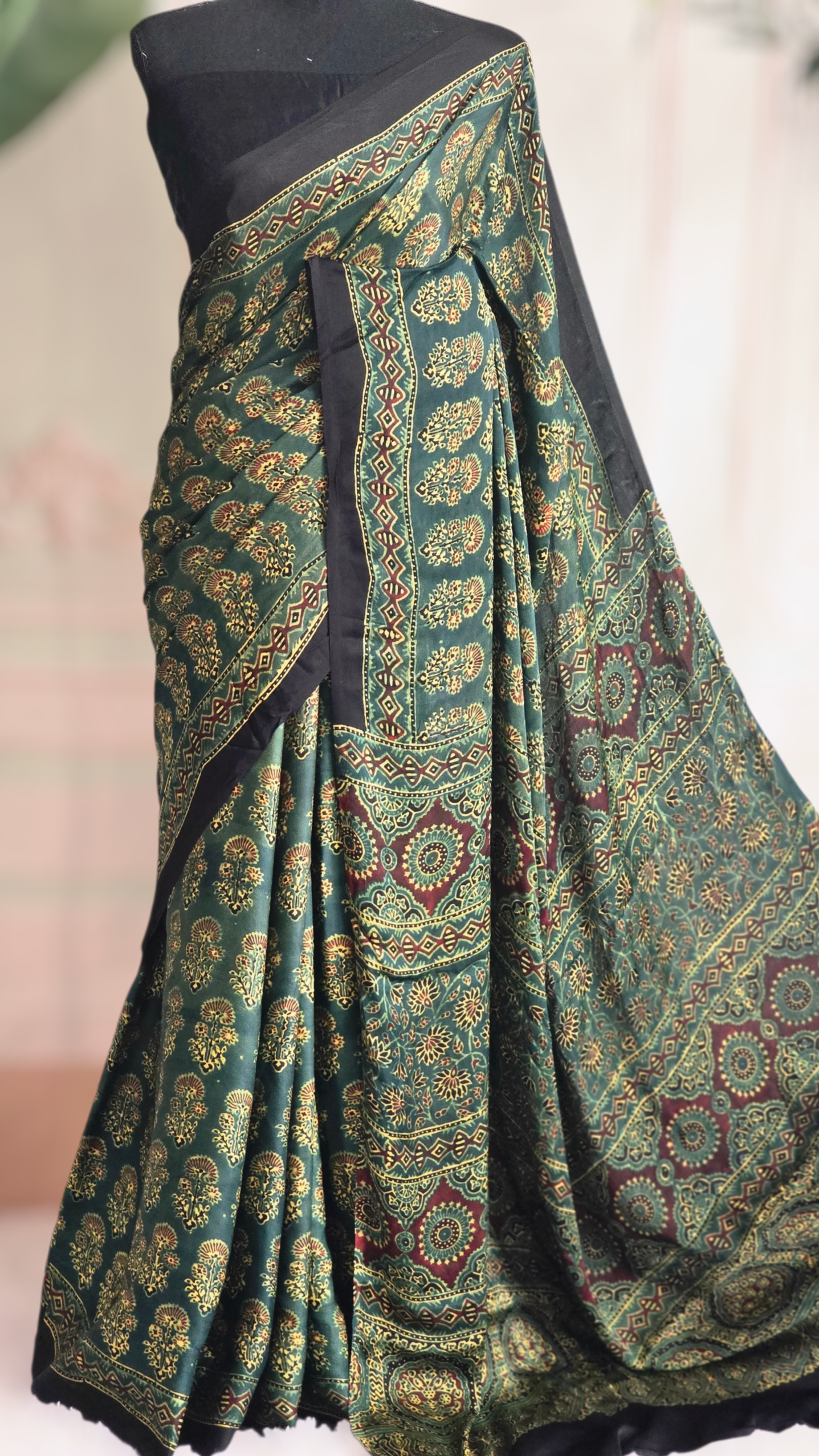 Modal silk saree with handblock print - stitched blouse