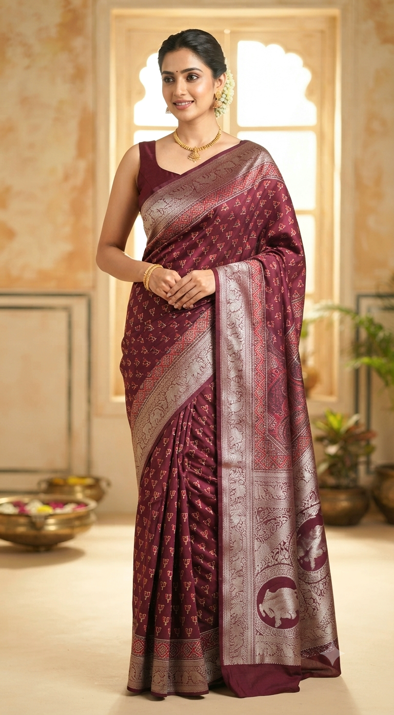 Dark maroon dola silk saree with stitched blouse