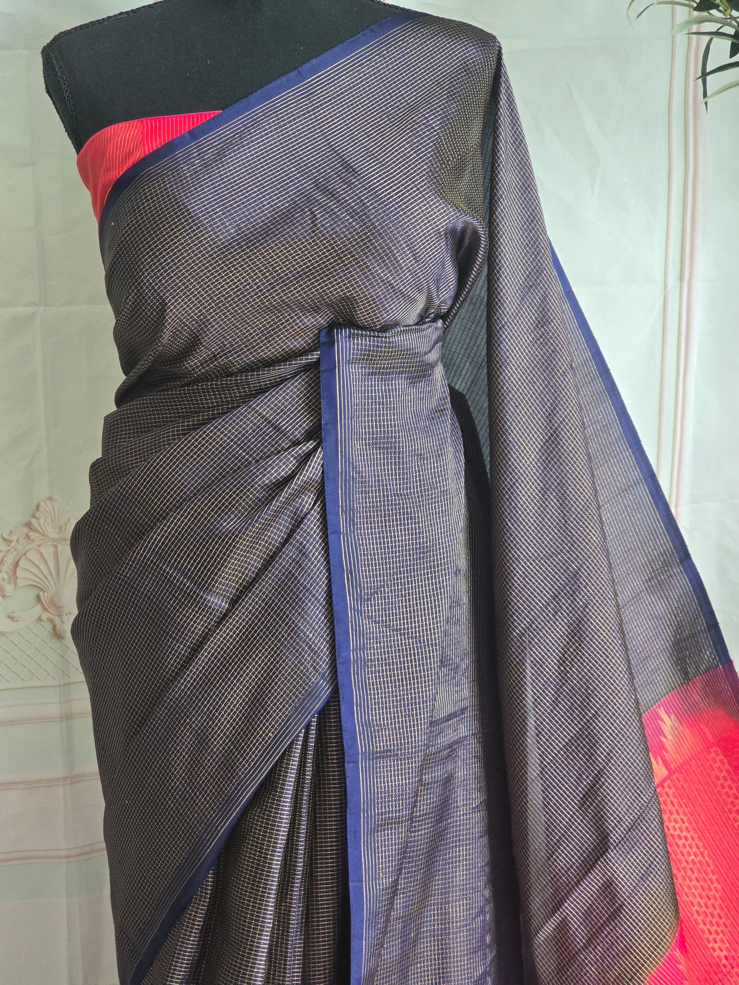 Soft kancheepuram silk saree (small checks body) with stitched blouse