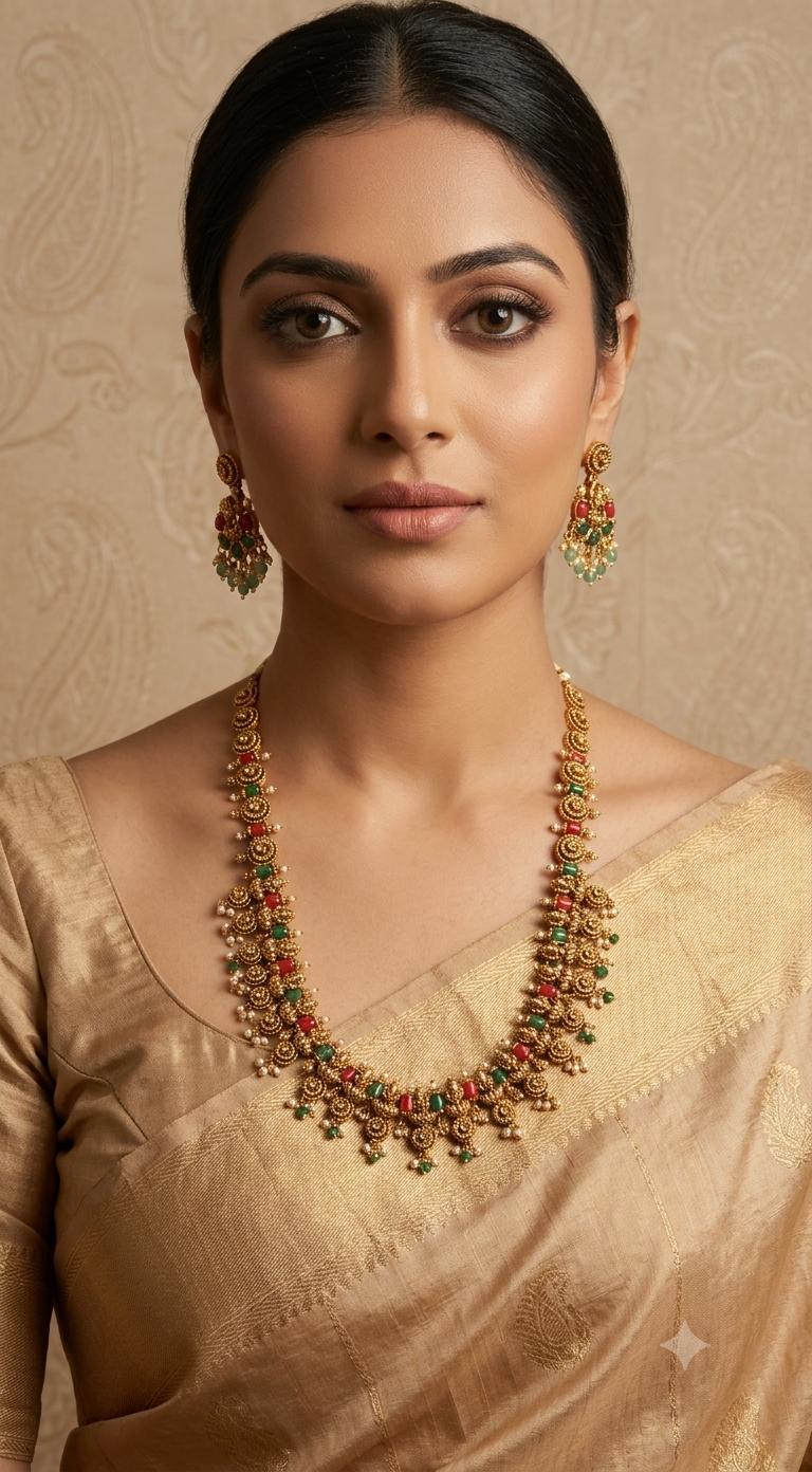 Long coral and jade haaram with earrings