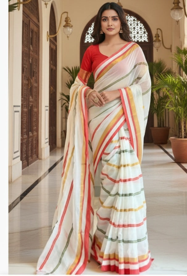 Mul cotton saree( milky white)with fall and pico- No BP