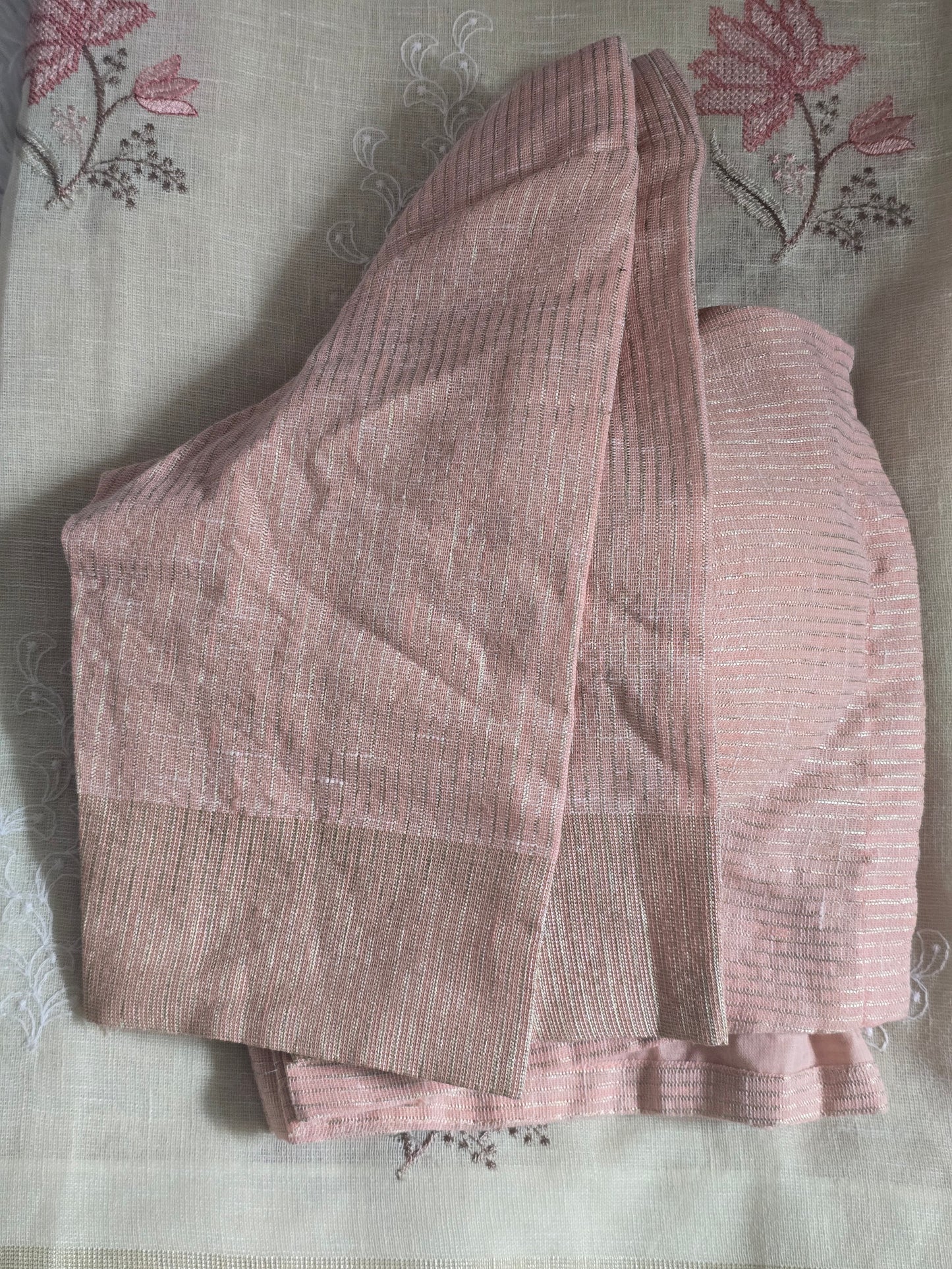Linen cotton saree with stitched blouse-creme/ peach combo