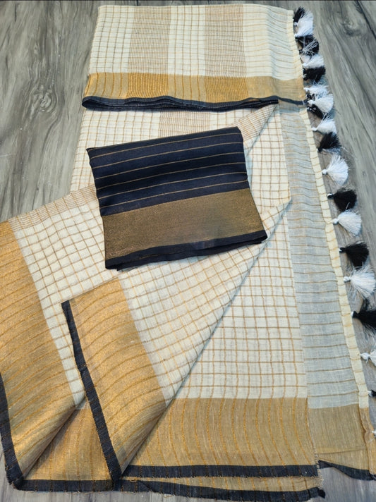 Cotton(mix) linen onam saree with stitched blouse (Black)
