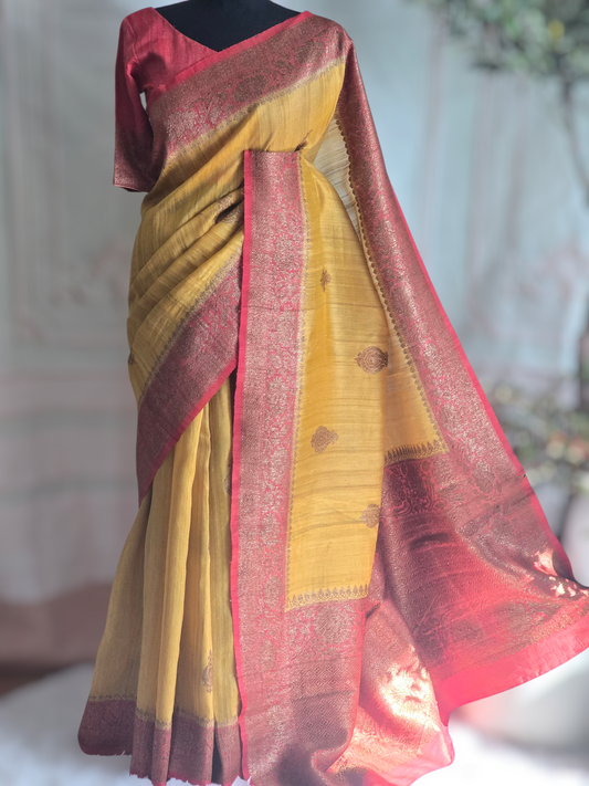 Tussar banarasi saree with stitched blouse ( yellow- watermelon)