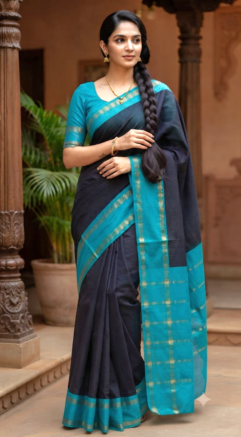 Sungudi cotton saree ( black/blue) with stitched blouse