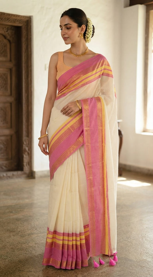 Mul cotton saree with pink kanchee border- NO BP( fall and pico ready)
