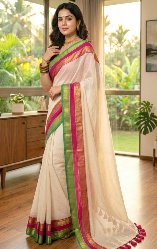 Mul cotton saree  with green pink kanchee border