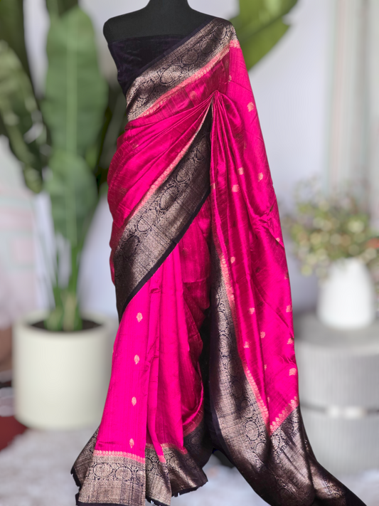 Tussar raw silk saree with banarasi border- contrast blouse (blue)