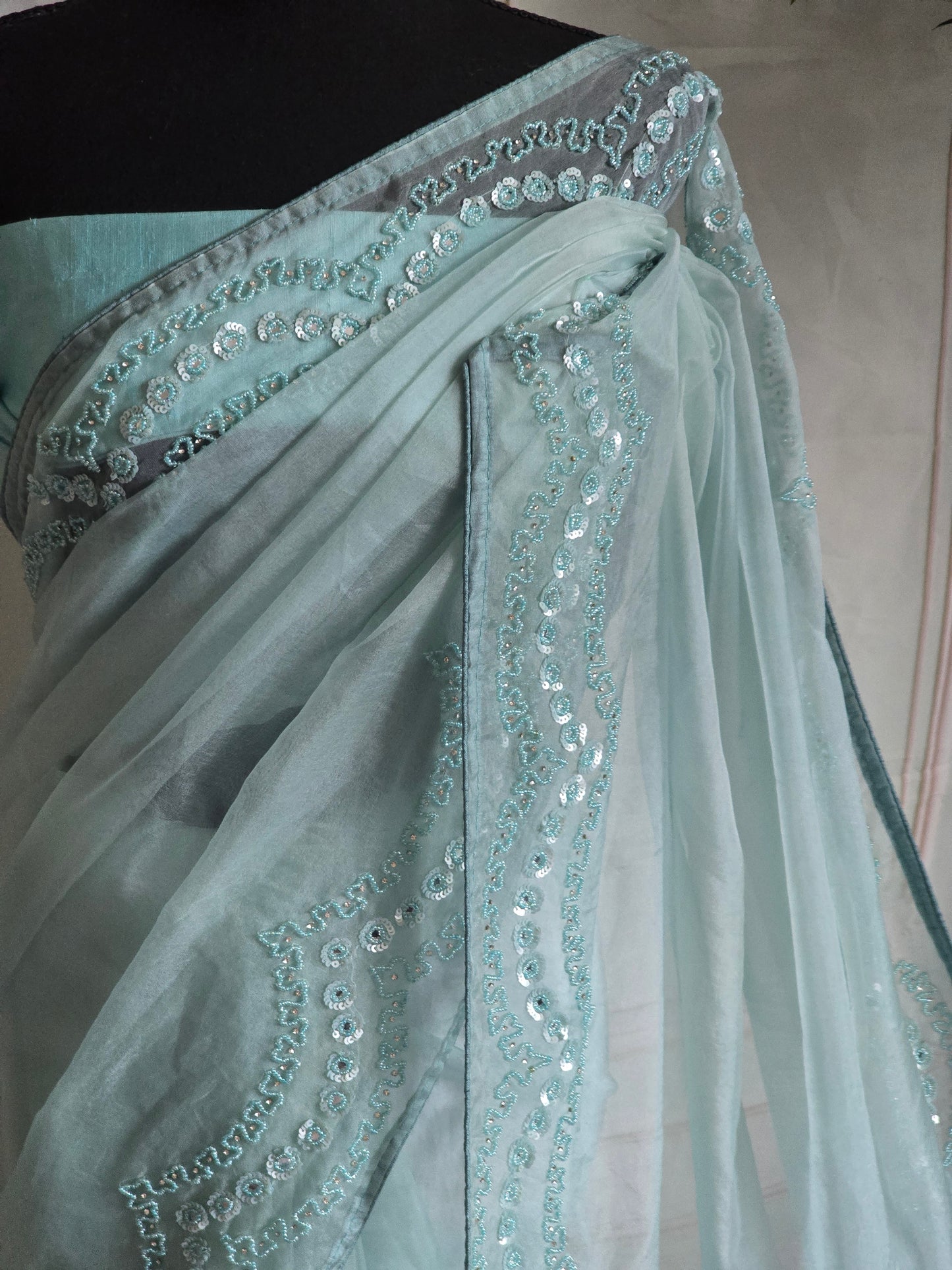 Soft organza (powder blue) saree with beads/stone work