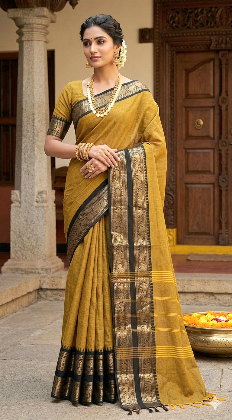 Mustard yellow black chettinad cotton saree - BP