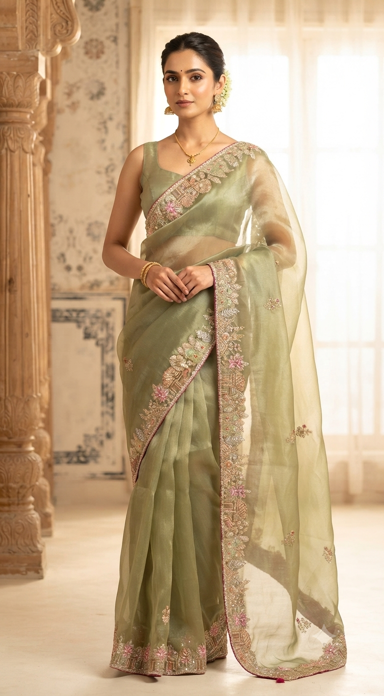 Tissue organza saree with stitched blouse