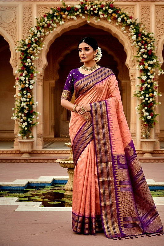 Gadwal pattu check design saree with contrast pallu and stitched blouse