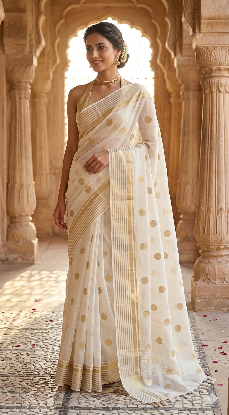 Mul cotton saree with gold buttas and border (fall and pico done)NO Blouse piece