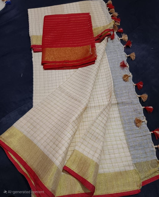 Pre book Onam saree- Linen by linen body check- Red - With Stitched blouse (delivery time 2 weeks)