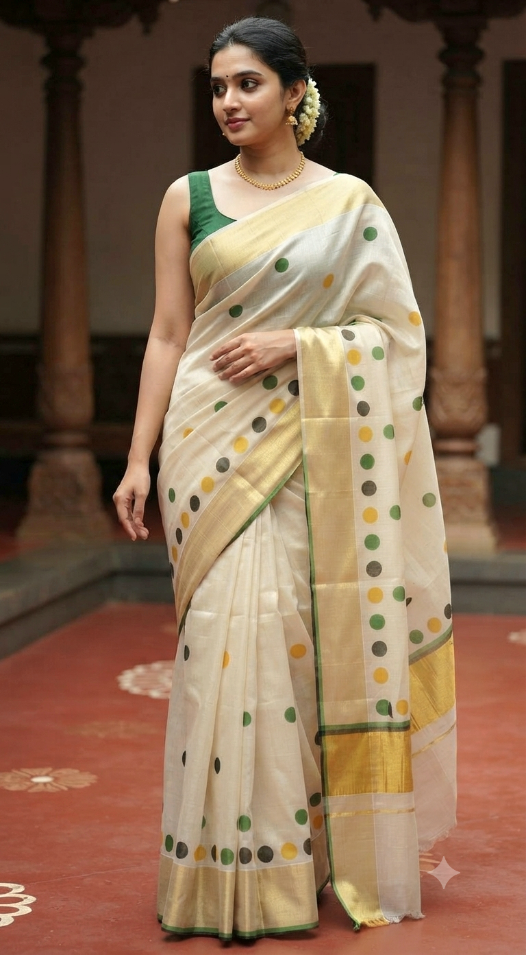 Tissue Kerala saree ( green border) with polka dot prints- blouse pc